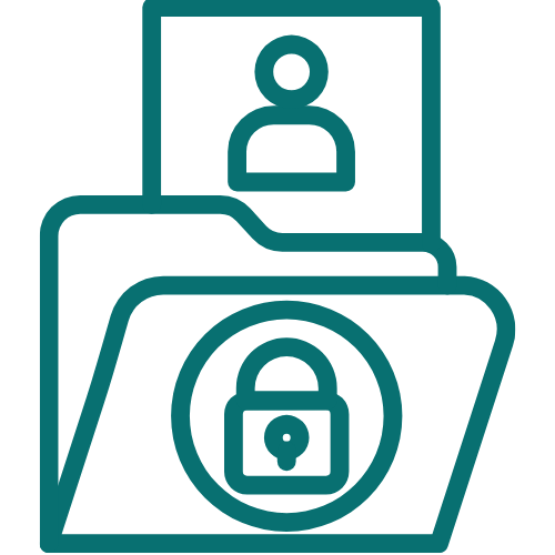 Icon of a person on a computer screen, with a folder containing a lock symbol in front, indicating secure or protected digital information.