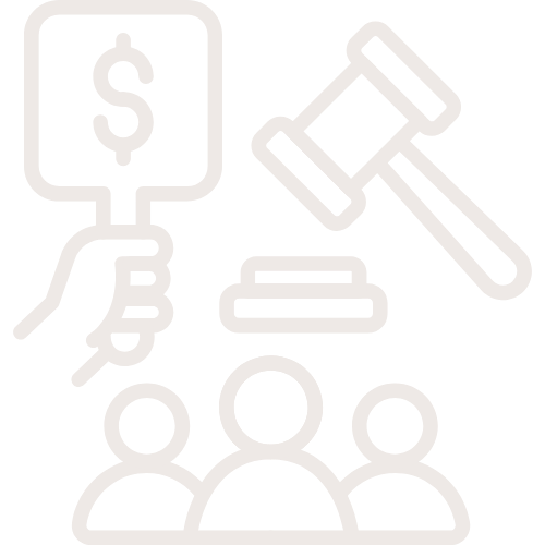 Outline of a hand holding a dollar bill connected to a group of people, with a gavel and a judge's block nearby.