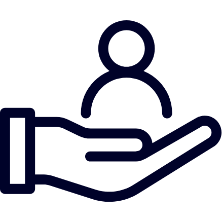 Outline icon of a person standing in a large hand with a rolled-up document or paper in their hand.