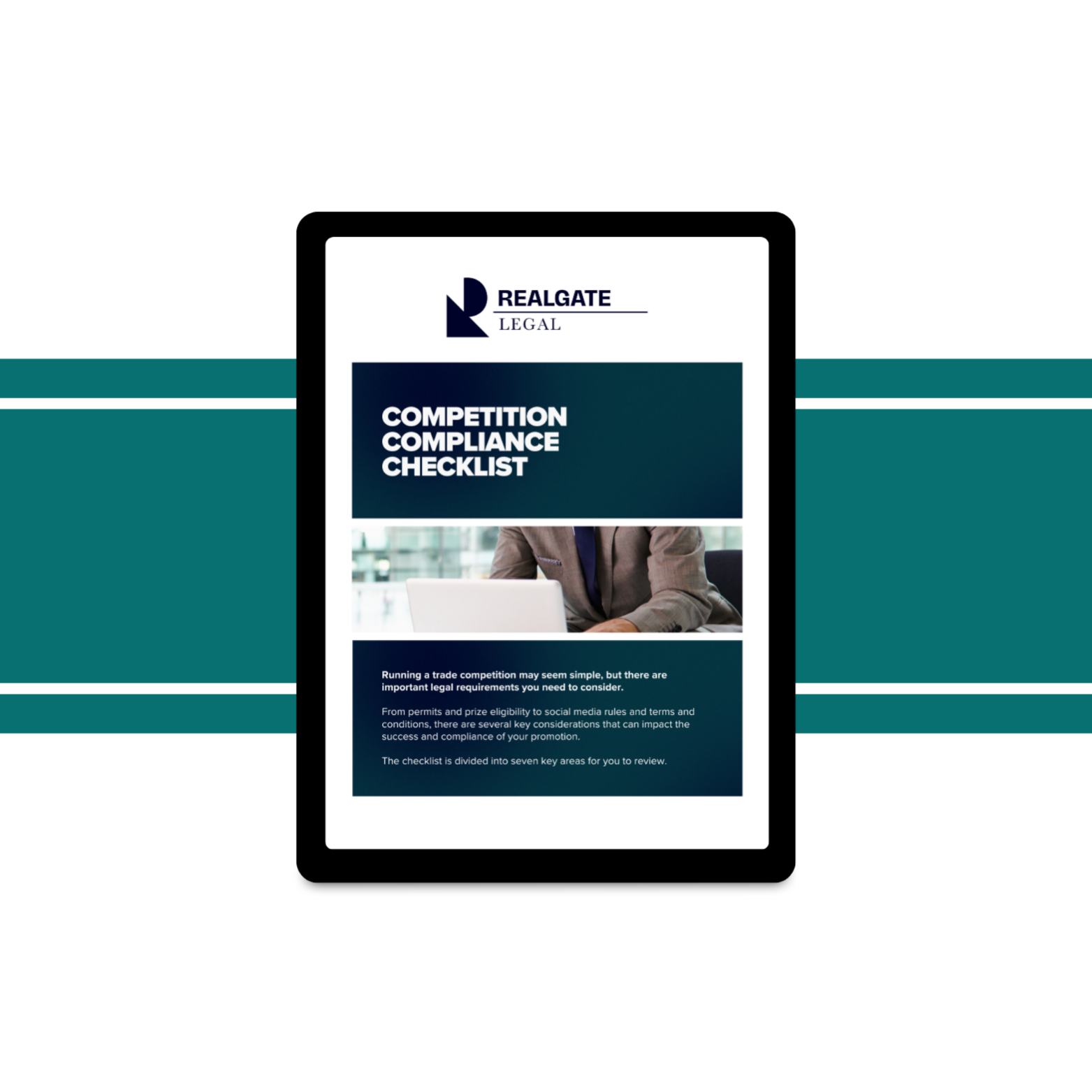 Cover page of a legal competition compliance checklist guide, titled 'Realgate Legal', with an image of a person in a suit working on a laptop, and a paragraph about legal requirements for trade competitions.