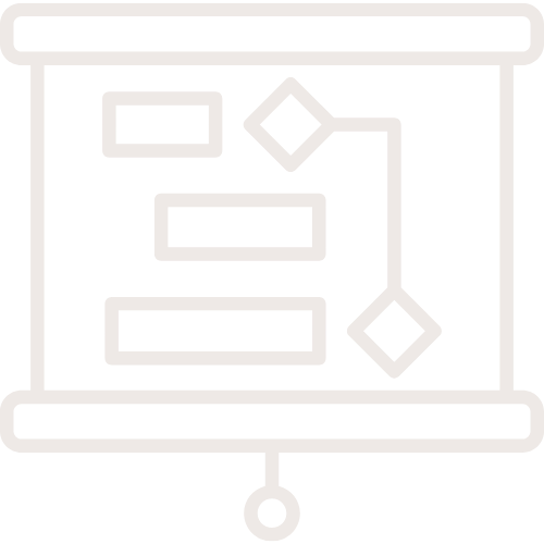 Icon of a flowchart or diagram with connected shapes on a presentation board.
