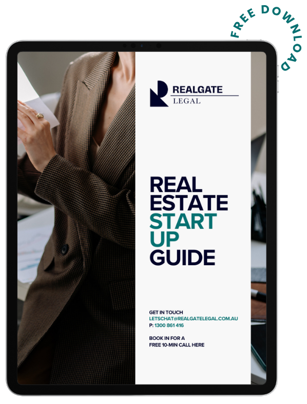 Digital tablet displaying a real estate startup guide by Realgate Legal, featuring a professional woman in a brown blazer, with contact and booking information.