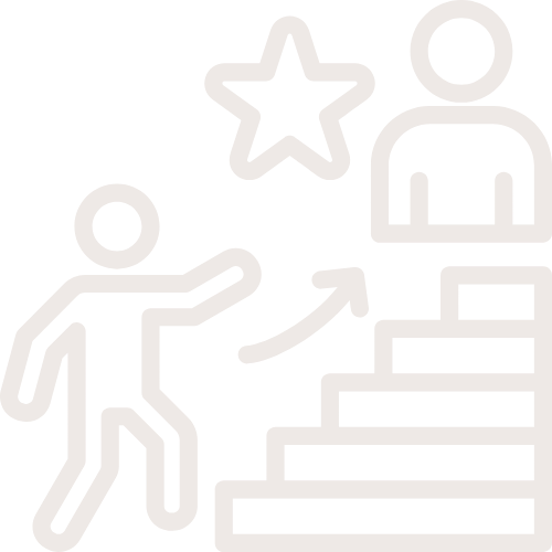 Line drawing of a person ascending stairs towards a star and a larger person, with arrows indicating upward movement.