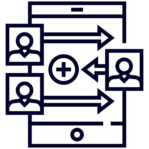 Icon depicting a digital communication process with user profiles, arrows indicating data transfer, and a plus sign in a circle, all within a mobile device outline.