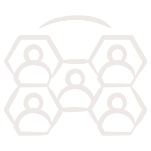 Icon representing a network or team with six interconnected human figures surrounded by a semi-circle on a black background.