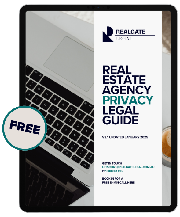 A digital tablet displays a flyer for a real estate agency, featuring the agency's logo, a title for a privacy legal guide, a note that it's updated in January 2025, and contact information including an email address, phone number, and an offer for a free 10-minute call.