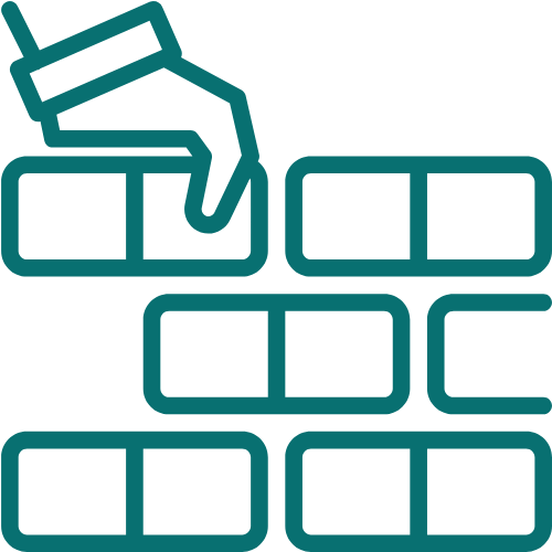 Line drawing of a hand placing a brick on a wall.