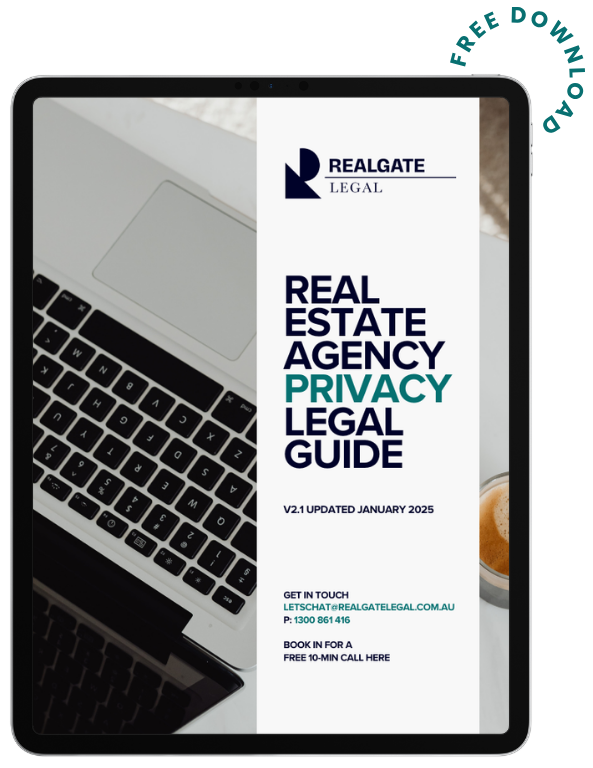 Digital brochure for Realgate Legal, a real estate agency, featuring a modern laptop with a legal guide cover on the screen, titled 'Real Estate Agency Privacy Legal Guide,' updated January 2025.
