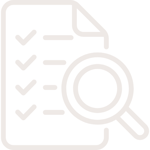 Icon of a document with checkmarks and a magnifying glass, representing a review or inspection process.
