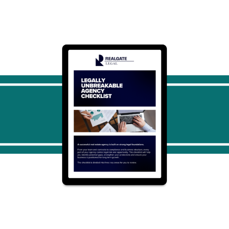 Cover page of a checklist titled "Legally Unbreakable Agency Checklist" from RealGate Legal, featuring an image of hands using a laptop and analyzing financial documents.