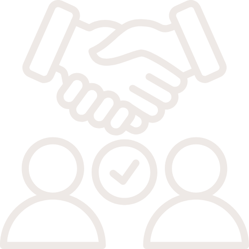 Outline of a handshake above two people icons with a checkmark between them, symbolizing agreement or partnership.