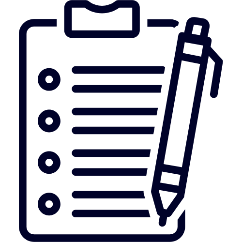Icon of a clipboard with a checkmark and a pen.