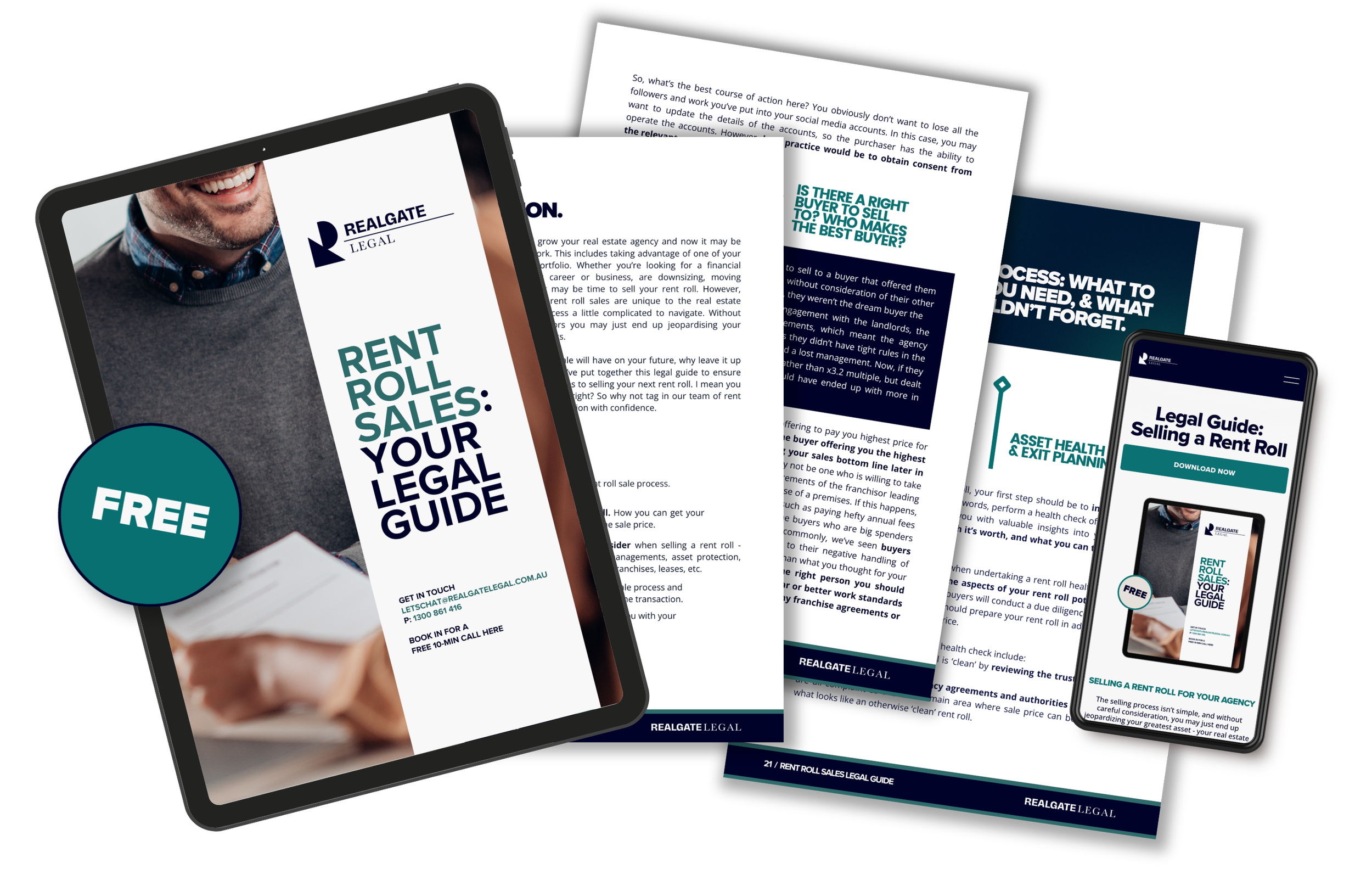 Multiple digital devices displaying a legal guide about rent roll sales from Realgate Legal, including a tablet, a smartphone, and printed pages, with a person holding the tablet in the foreground.
