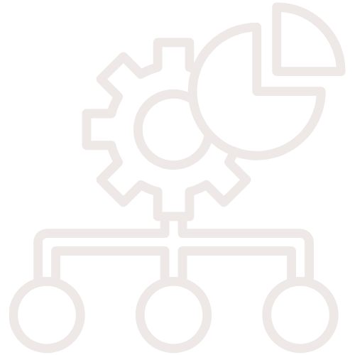 Icon of interconnected gears, a pie chart, and a flowchart representing data analysis and process management.