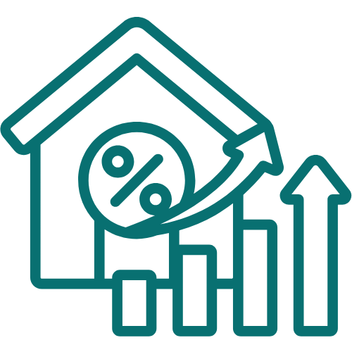 House with percentage symbol, bar chart, and upward arrow indicating financial growth or investment.