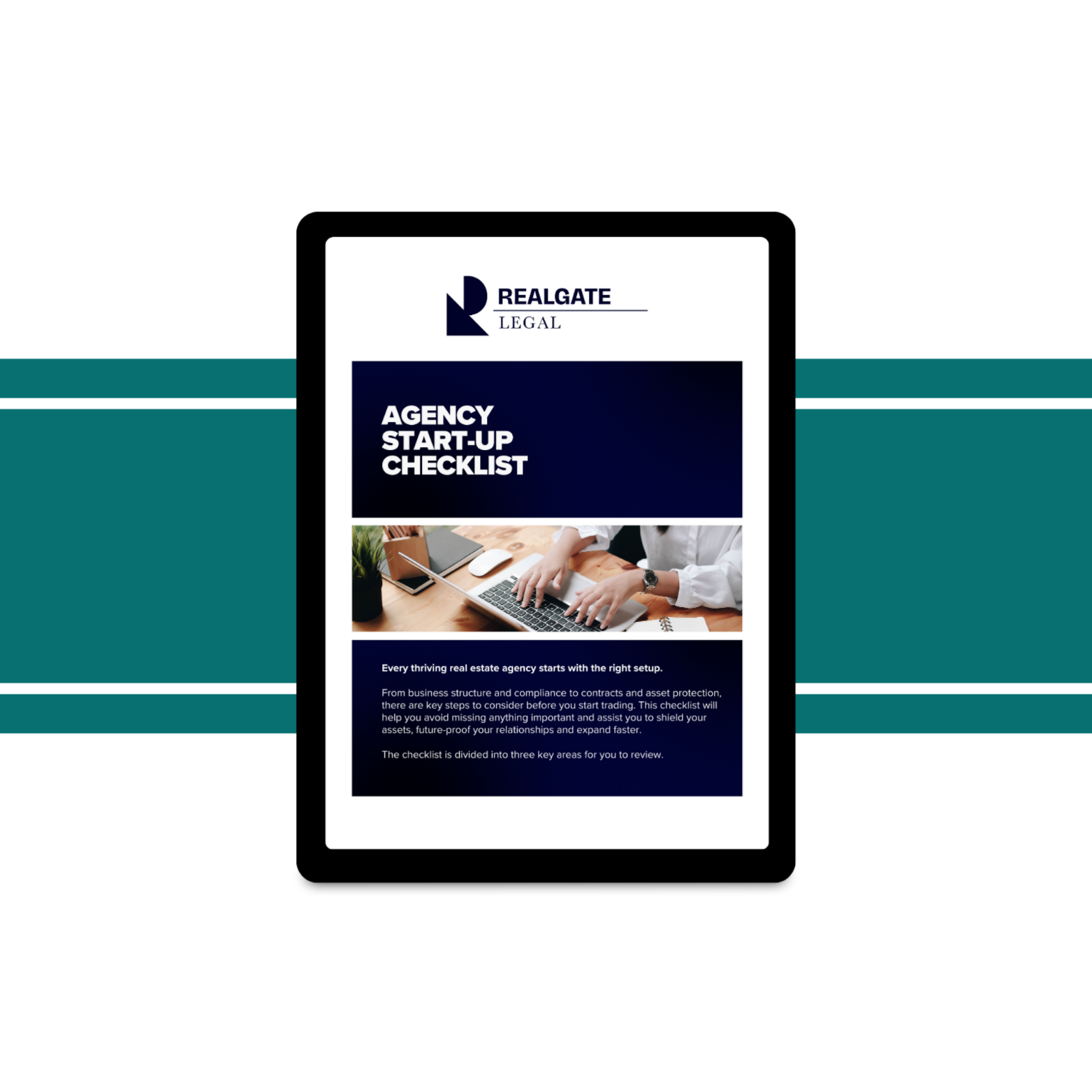 A flyer with the title "Agency Start-Up Checklist" by RealGATE Legal, featuring a person working on a laptop at a desk with a notebook, mouse, and plant, and accompanied by text about starting a real estate agency.