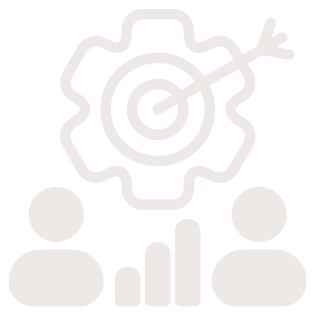 Gear with a dart hitting the bullseye inside, above three people icons and a bar chart.