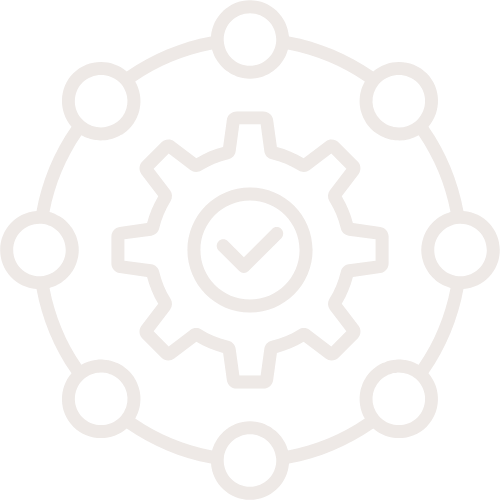 Icon of a gear with a checkmark inside, surrounded by connected circles representing interconnected processes or systems.