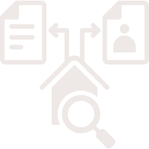 Icons representing document, person profile, and search over a house, illustrating a home-related search or information process.