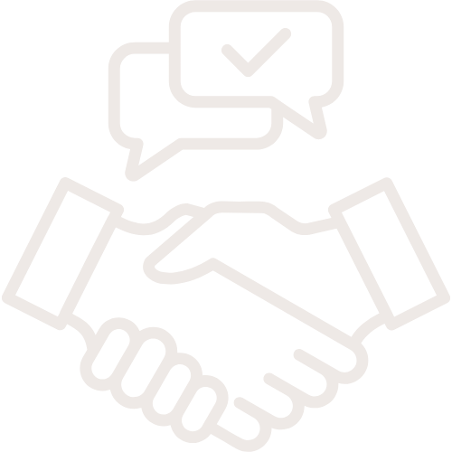 Icon of two hands shaking with speech bubbles above, one with a checkmark, symbolizing agreement or communication.