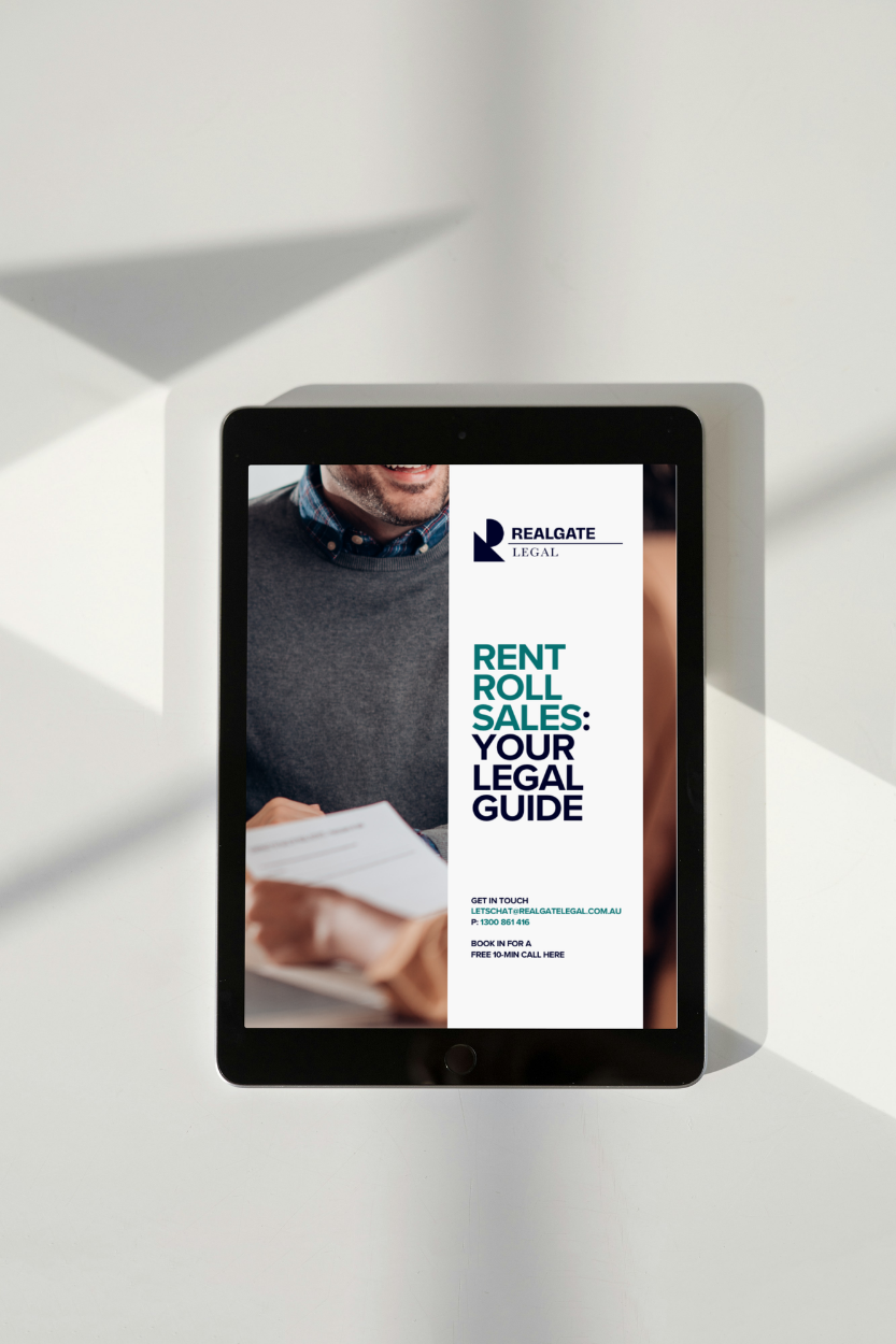 ipad displaying a legal guide titled 'Rent Roll Sales: Your Legal Guide' from Realgate Legal, with contact information and booking details