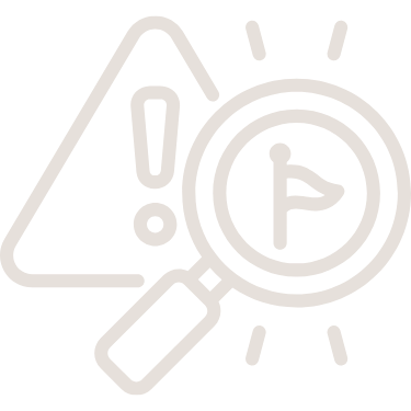 Icon of a warning triangle with an exclamation mark and a magnifying glass focusing on a flag.