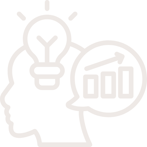 Outline of a human head with a lightbulb inside and a speech bubble showing a bar graph with upward trend.