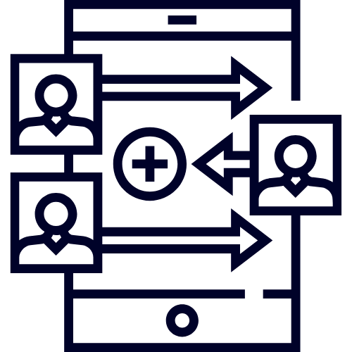 Line art illustration of a mobile phone screen with user profile icons, arrows indicating data transfer, and a plus sign for adding contacts.