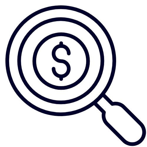 Magnifying glass focusing on a dollar sign inside a target.