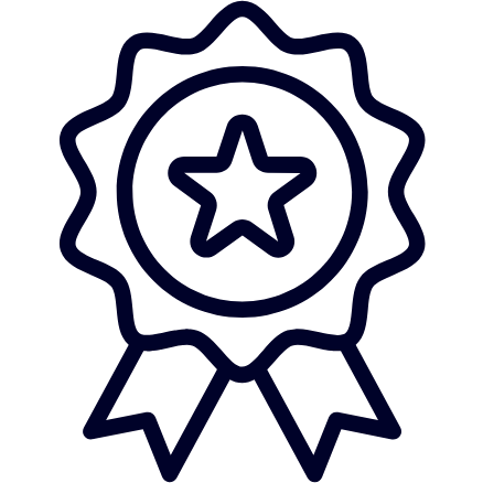 Outline of a badge or medal with a star in the center and two ribbons hanging below.