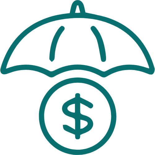 Icon of an umbrella with a dollar sign hanging below it.