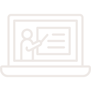 Line drawing of a person pointing at a presentation board with text, on a computer screen.