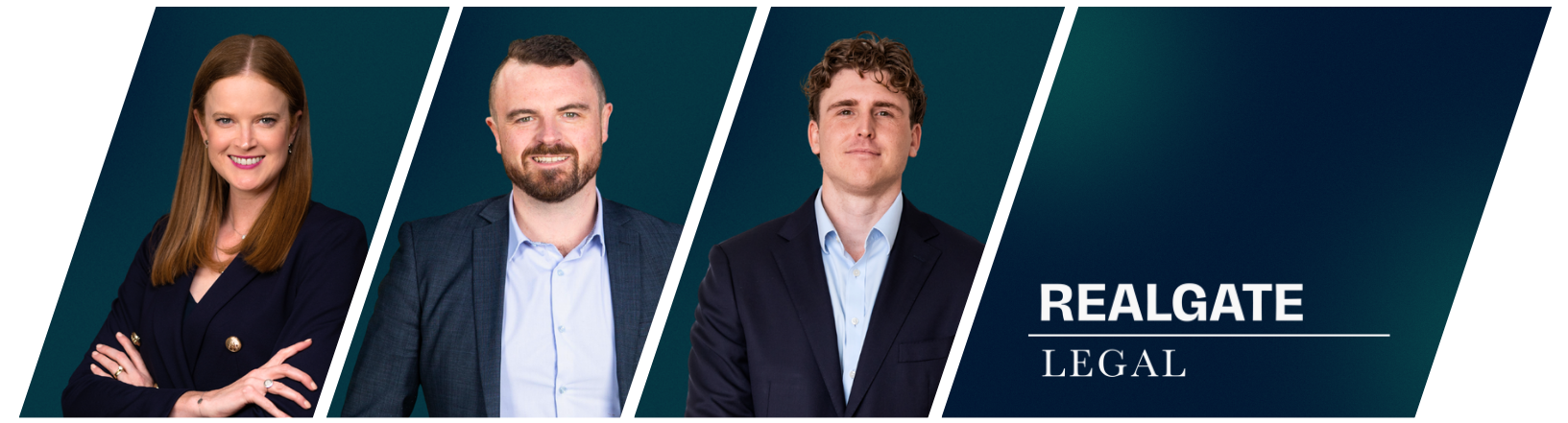 A professional promotional banner featuring four individuals in business attire with the text "REALGATE LEGAL" on a dark background.