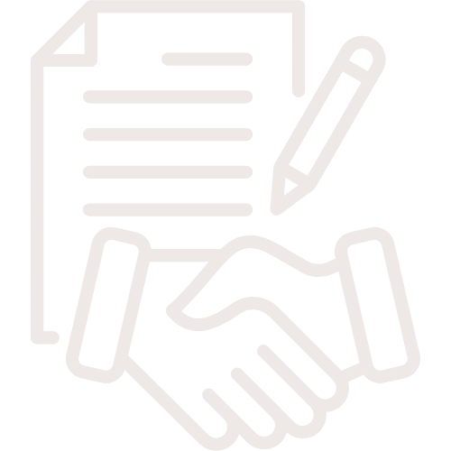 Outline of a document with lines of text, a pen, and two hands shaking.