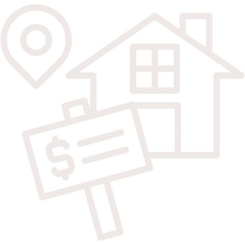 Icon of a house with a location pin nearby and a sign with a dollar symbol, representing real estate or home buying.