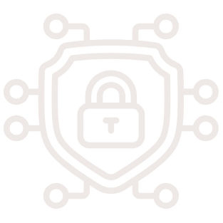 Line art icon of a shield with a padlock in the center, surrounded by circuit lines indicating cybersecurity or protection.
