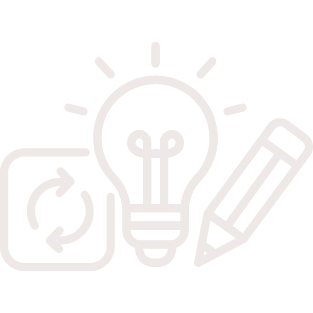 A stylized illustration of a light bulb, a pencil, and a refresh icon, representing ideas and creativity.