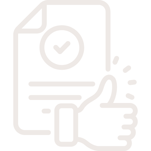 Icon of a document with a checkmark, a thumbs-up symbol, and lines representing text.