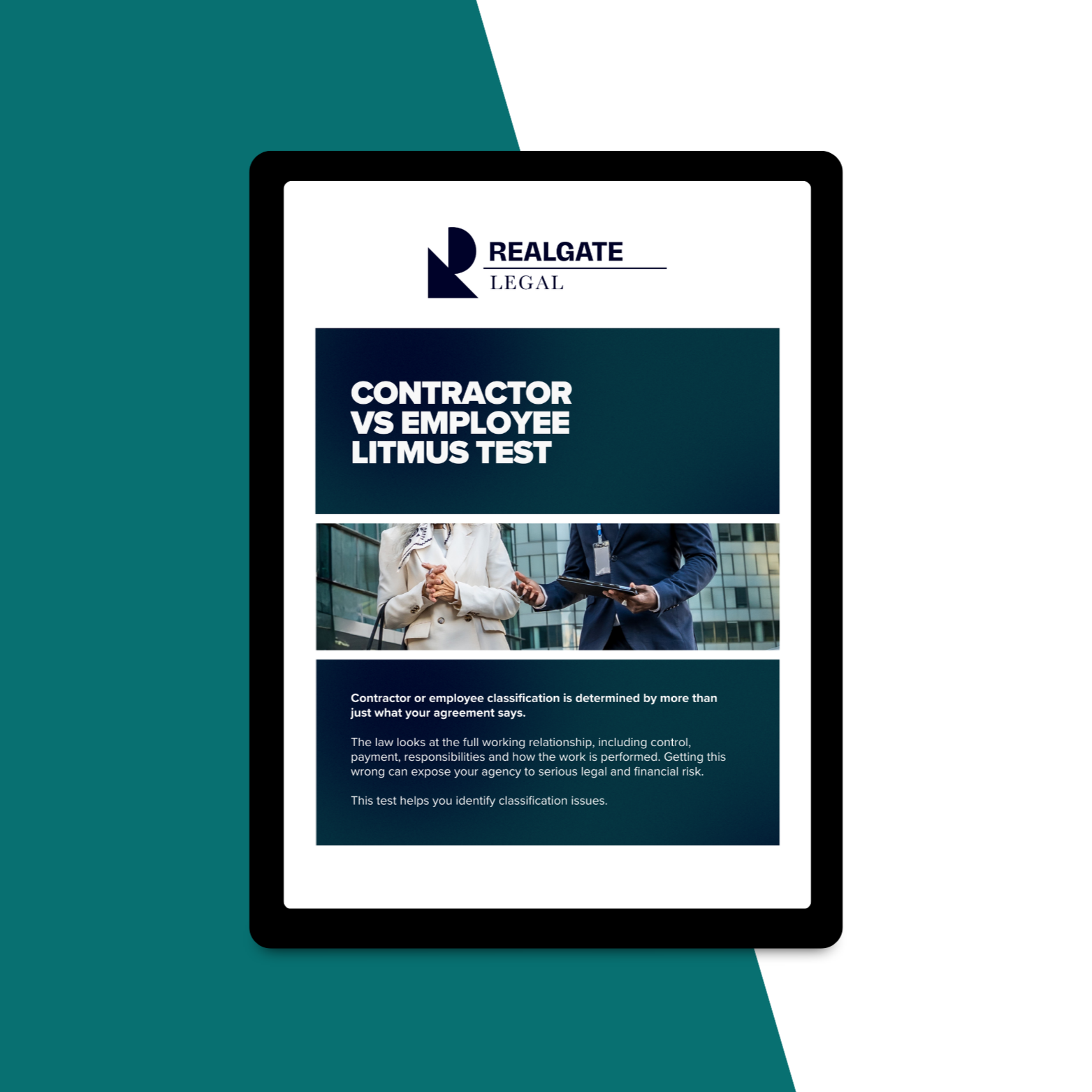 A tablet screen displays a legal document from RealGate Legal titled "Contractor vs Employee Litmus Test," with an image of two professionals discussing outside a modern office building.