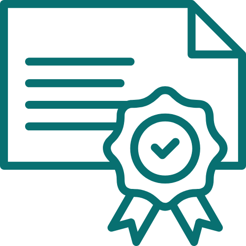Icon of a document with a certificate badge overlapping it, featuring a check mark in the center.