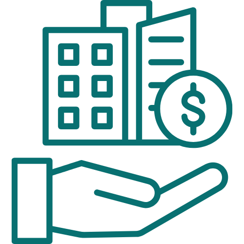 Outline of a hand holding a dollar coin with buildings in the background.
