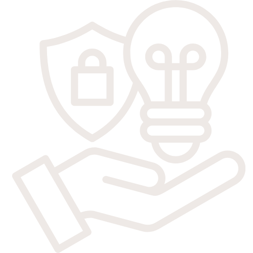 An outline of a hand holding a light bulb with a shield and lock icon behind it, representing security or protected ideas.