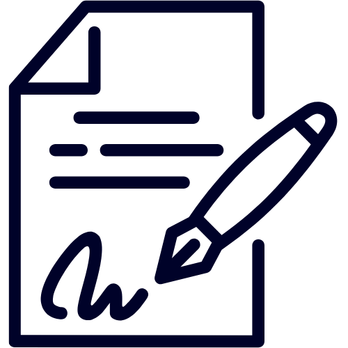 Outline of a document with lines, a pen signing the document, and a signature at the bottom.