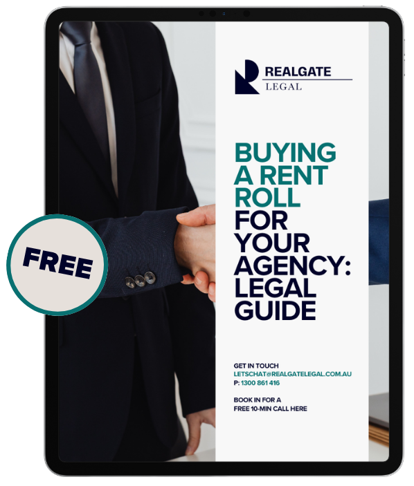 Digital tablet displaying a legal guide about buying a rent roll for an agency, with a handshake visible in the background, and a 'FREE' badge on the left side.