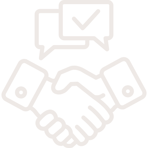Outline of two hands shaking with speech bubbles and a check mark above, symbolizing agreement or partnership.