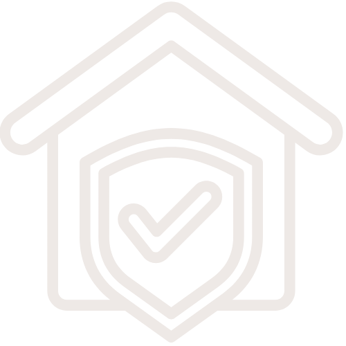 Outline of a house with a shield containing a check mark inside it.