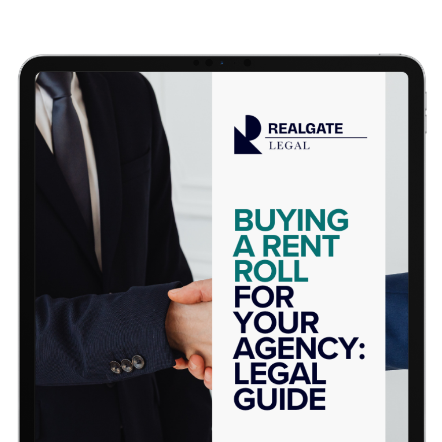 A person in a black suit and white shirt shaking hands with another person in a dark blue suit. The image is shown on a tablet screen displaying a legal guide titled "Buying a Rent Roll for Your Agency: Legal Guide" from Realgate Legal.