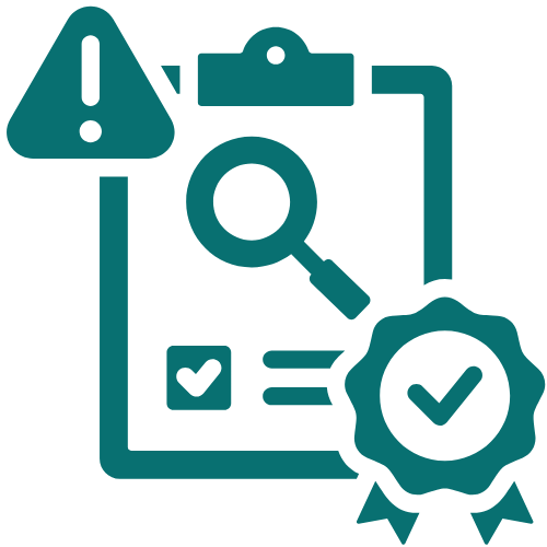 Icon representing security or certification with a clipboard, magnifying glass, checkmarks, and a ribbon.