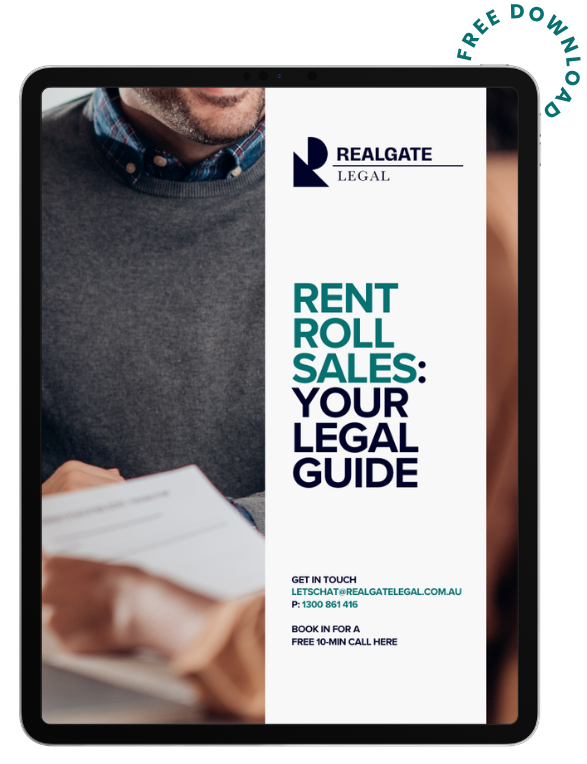 A digital brochure for Realgate Legal about rent roll sales, featuring a man in a gray sweater and plaid shirt holding papers, with contact details and a call to action for a free call.