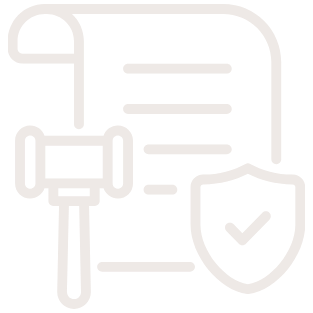 Outline icon of a legal document with a gavel and shield with a checkmark.